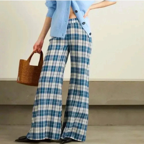 suzie kondi Pants - Suzie Kondi Elira Checked Cotton-Gauze Wide-Leg Pants - Blue & White Cottage